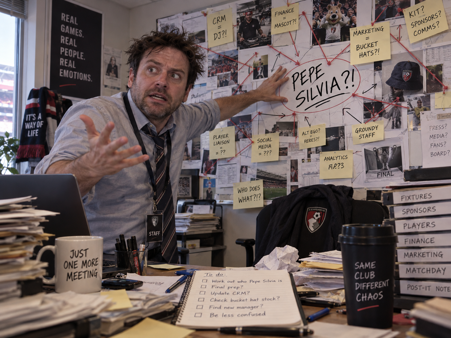 Sports club staff member surrounded by post-it notes and red string trying to work out who does what